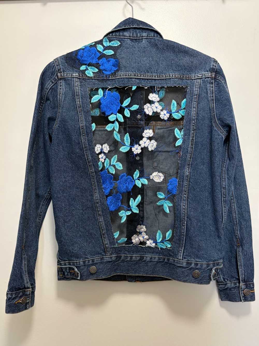Upcycled Window Pane Jean Jacket with Blue & Teal Floral Embroidery
